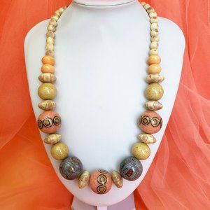 Vintage Oversized Graduated Beige Gray & Pink Bead Necklace Statement Choker